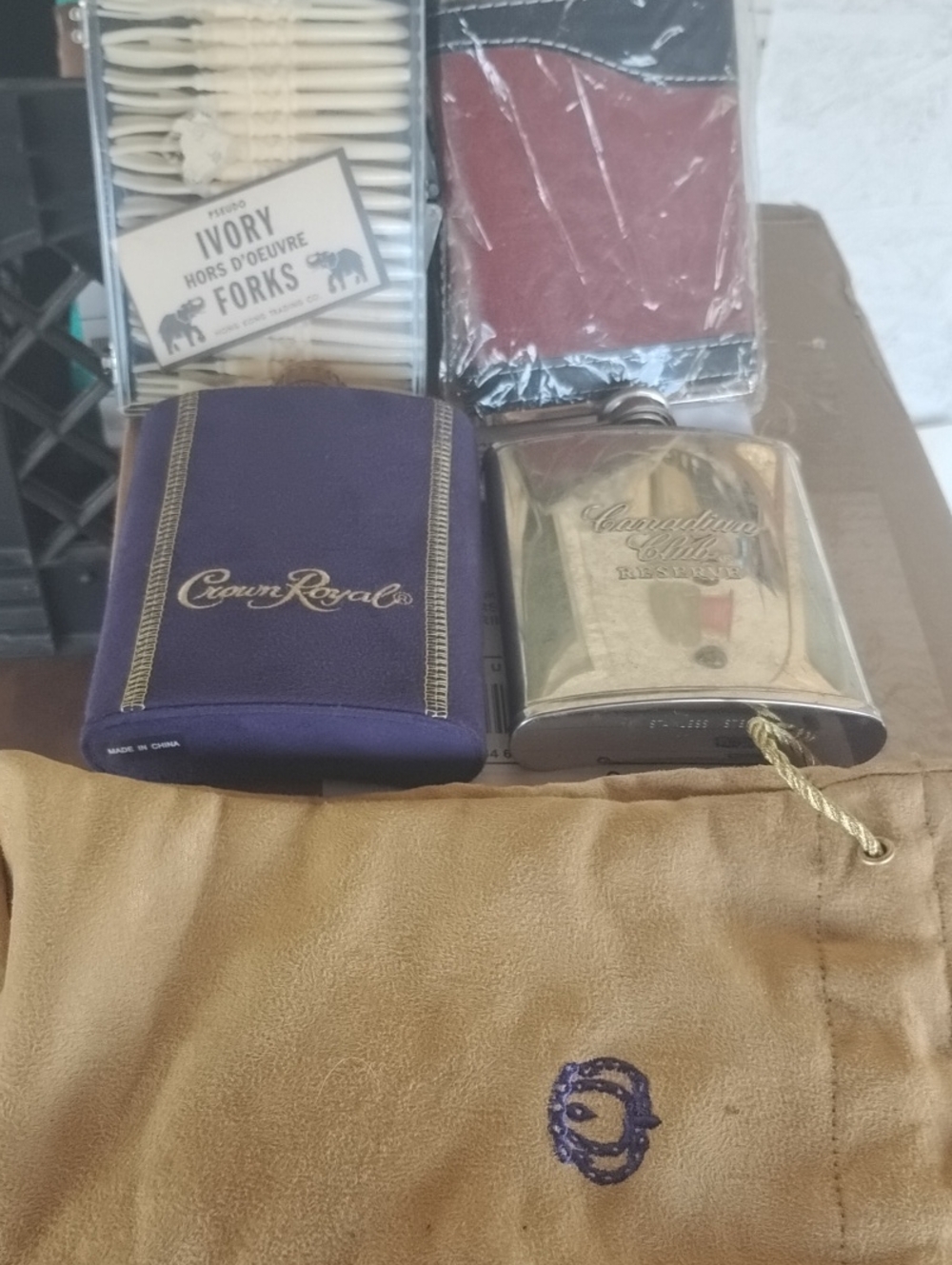 Crown Royal Velvet Bag with Gold Flask - Purple & Gold& Pictured Items